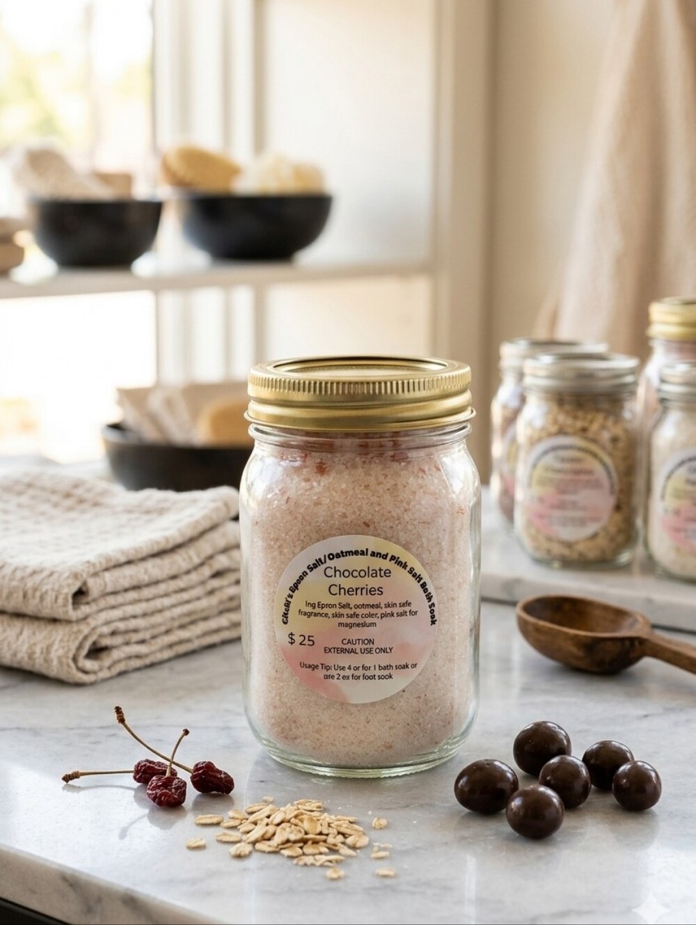 Chocolate Cherries Bath Soak - Pink Himalayan Salt And Epsom Jar